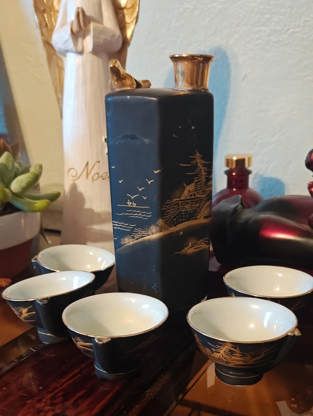 Vintage Black & Gold Asian Ceramic Sake Set - 5 Pieces